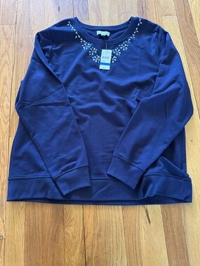 Studio Works Navy Crewneck Sweater with Embroidered Leaf Detail